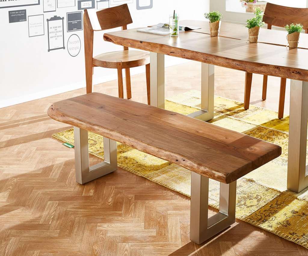 DELIFE Sitzbank Live-Edge 135x40 Akazie Natur Gestell breit, Bänke, Baumkantenmöbel, Massivholzmöbel, Massivholz, Baumkante, Wolf Live Edge
