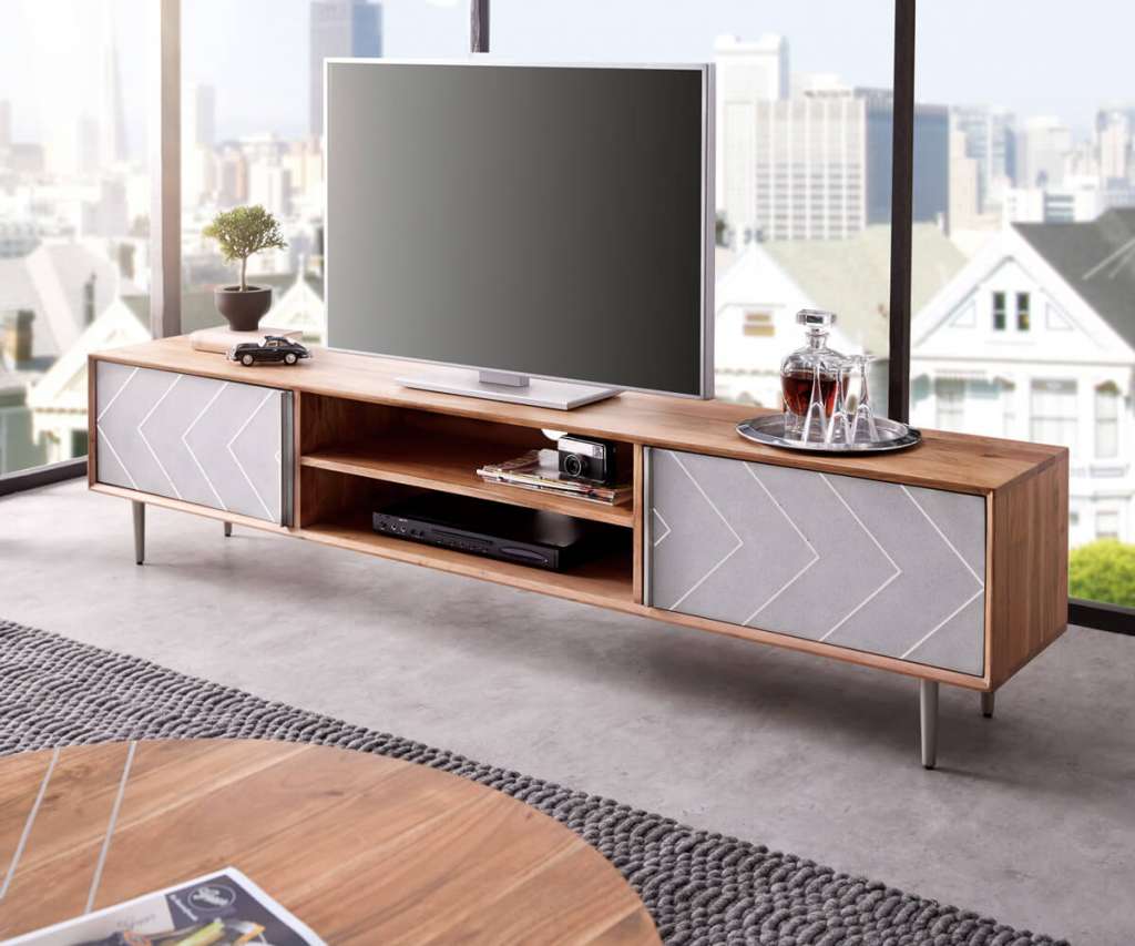 DELIFE Lowboard Metropolitan 200 cm Akazie Natur  Beton Edelstahl, Fernsehtische