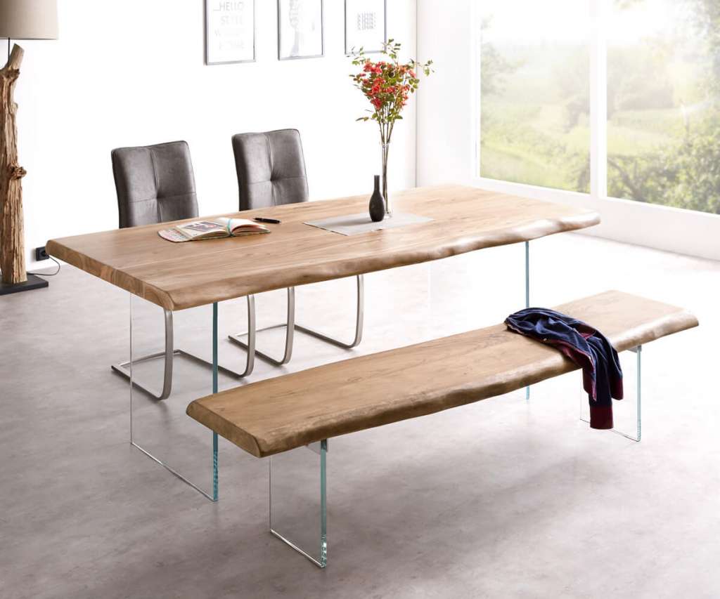 DELIFE Sitzbank Live-Edge 195x40 Akazie Natur Glasbeine Baumkante, Bänke, Baumkantenmöbel, Massivholzmöbel, Massivholz, Baumkante, Wolf Live Edge