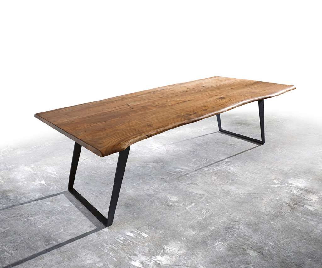 DELIFE Baumtisch Live-Edge 260x100 Akazie Natur Platte 3,5cm Gestell schräg schwarz, Esstische, Baumkantenmöbel, Massivholzmöbel, Massivholz, Baumkante, Wolf Live Edge