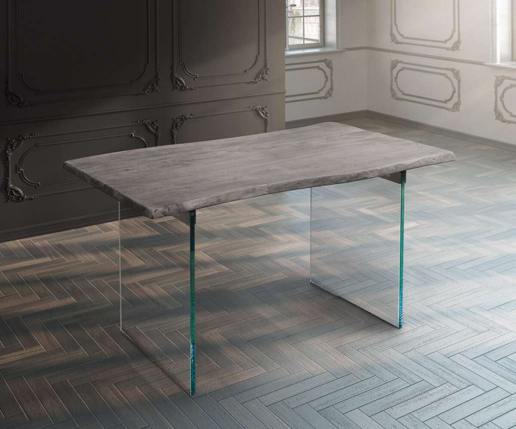 DELIFE Baumtisch Live-Edge 140x90 Akazie Platin Platte 3,5 cm Glasbeine, Esstische, Baumkantenmöbel, Massivholzmöbel, Massivholz, Baumkante, Wolf Live Edge