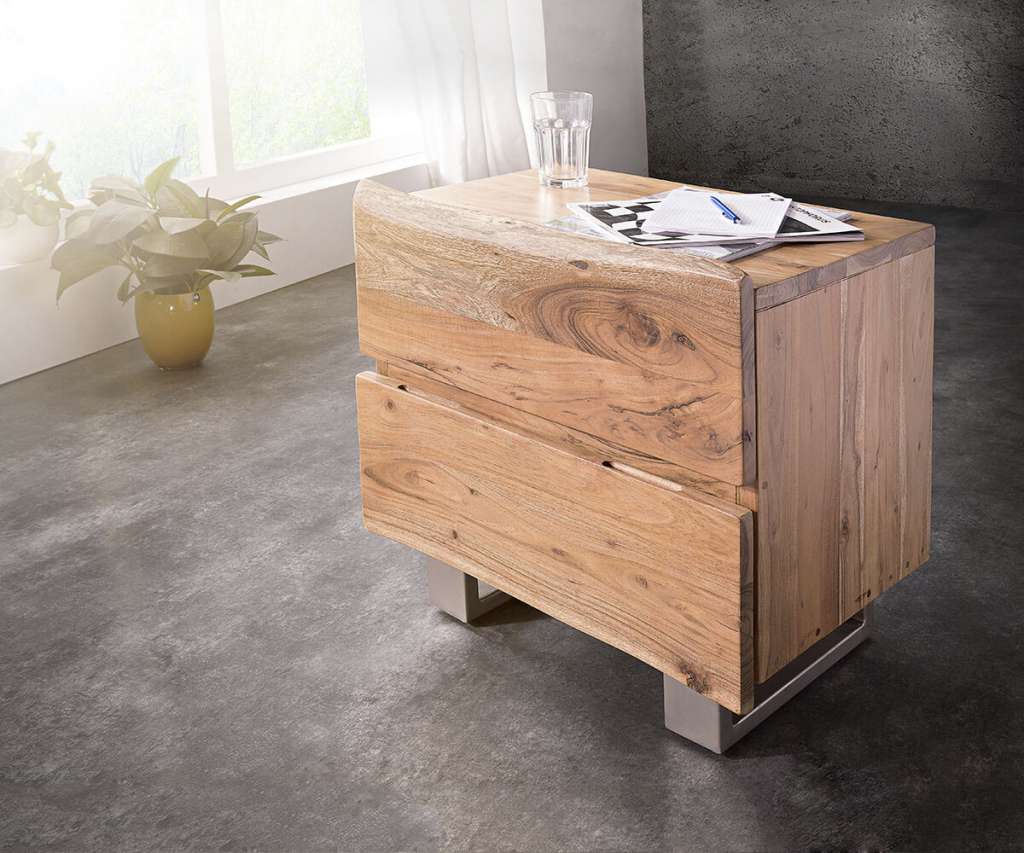 DELIFE Nachttisch Live-Edge 59x42 Akazie Natur 2 Schübe massiv, Nachttische, Baumkantenmöbel, Massivholzmöbel, Massivholz, Baumkante, Wolf Live Edge