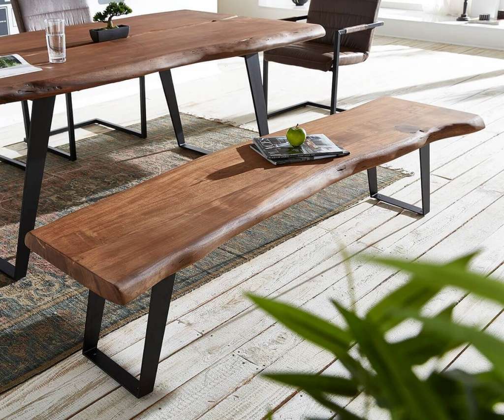 DELIFE Sitzbank Live-Edge 255x40 Akazie Braun Gestell schräg schwarz Baumkante, Bänke, Baumkantenmöbel, Massivholzmöbel, Massivholz, Baumkante, Wolf Live Edge