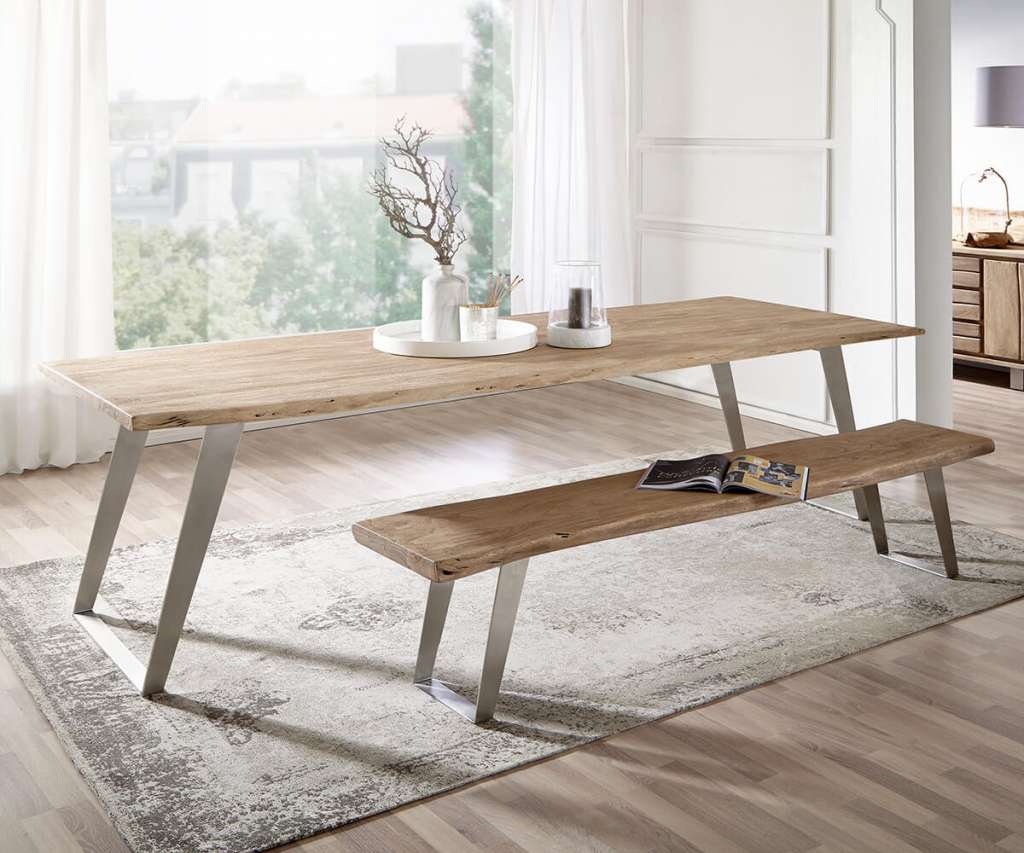 DELIFE Baumtisch Live-Edge 260x100 Akazie Champagner Platte 3,5 cm Gestell schräg, Esstische, Baumkantenmöbel, Massivholzmöbel, Massivholz, Baumkante, Wolf Live Edge