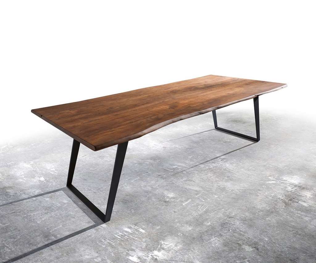 DELIFE Baumtisch Live-Edge 260x100 Akazie Braun Platte 3,5cm Gestell schräg schwarz, Esstische, Baumkantenmöbel, Massivholzmöbel, Massivholz, Baumkante, Wolf Live Edge