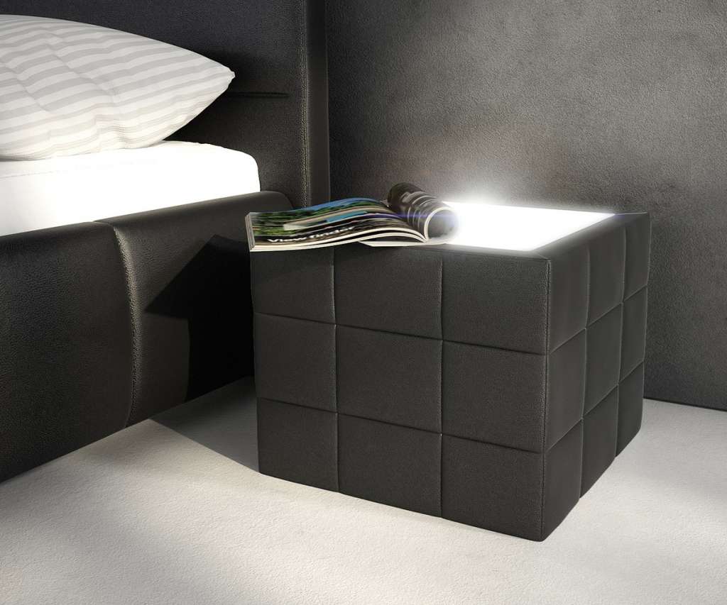 DELIFE Nachttisch Nuncia 41x41x41 cm Schwarz Beleuchtung Steppnaht, Nachttische