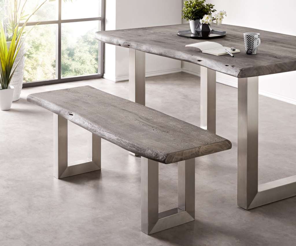 DELIFE Sitzbank Live-Edge 135x40 Akazie Platin Gestell breit, Bänke, Baumkantenmöbel, Massivholzmöbel, Massivholz, Baumkante, Wolf Live Edge