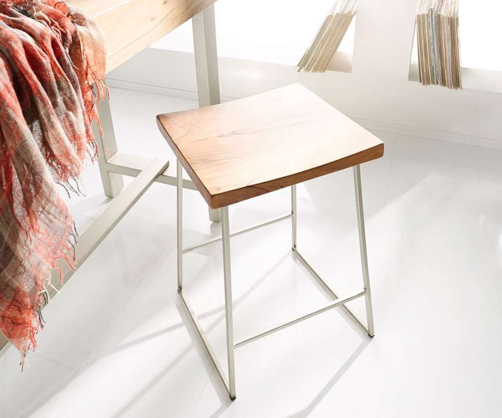 DELIFE Barstuhl Blokk Akazie Natur Metall mit Fußablage, Barstühle