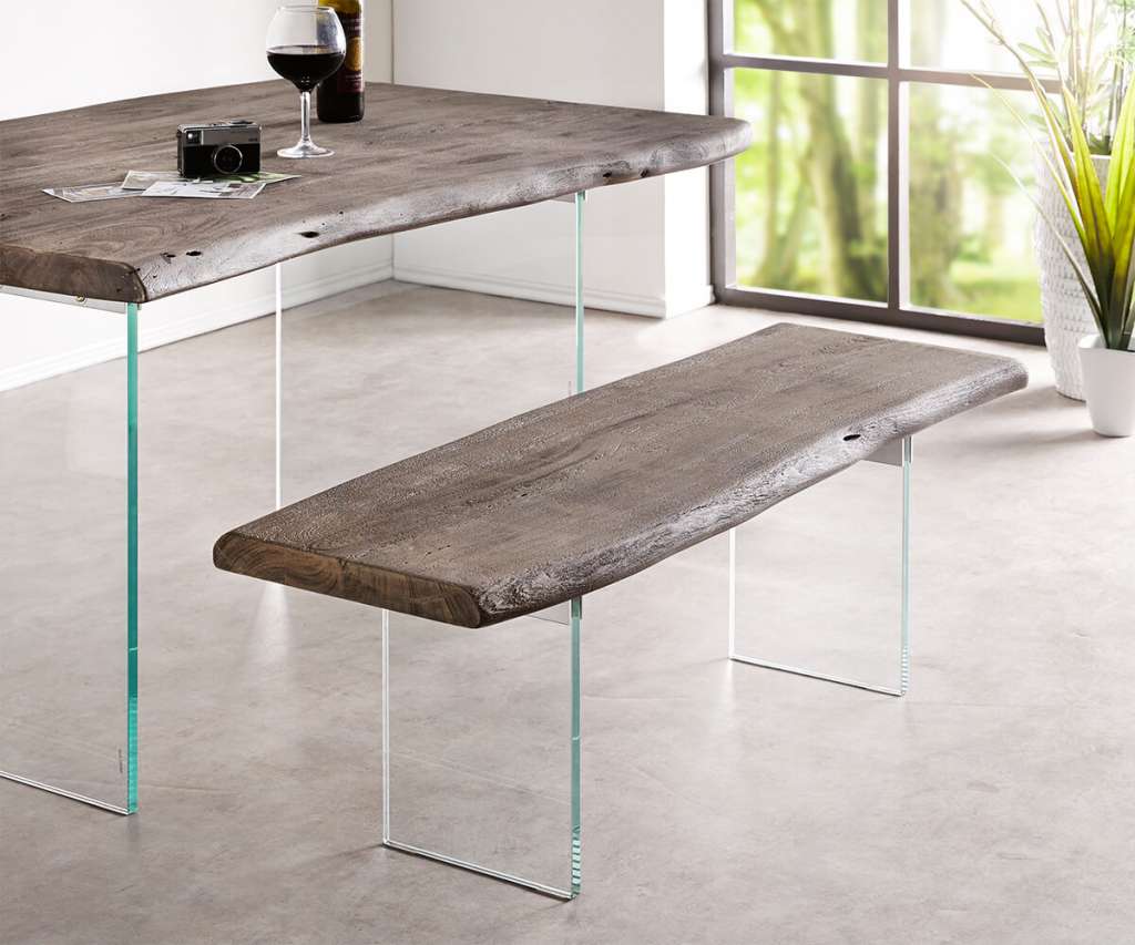 DELIFE Sitzbank Live-Edge 135x40 cm Akazie Platin Glasbeine, Bänke, Baumkantenmöbel, Massivholzmöbel, Massivholz, Baumkante, Wolf Live Edge