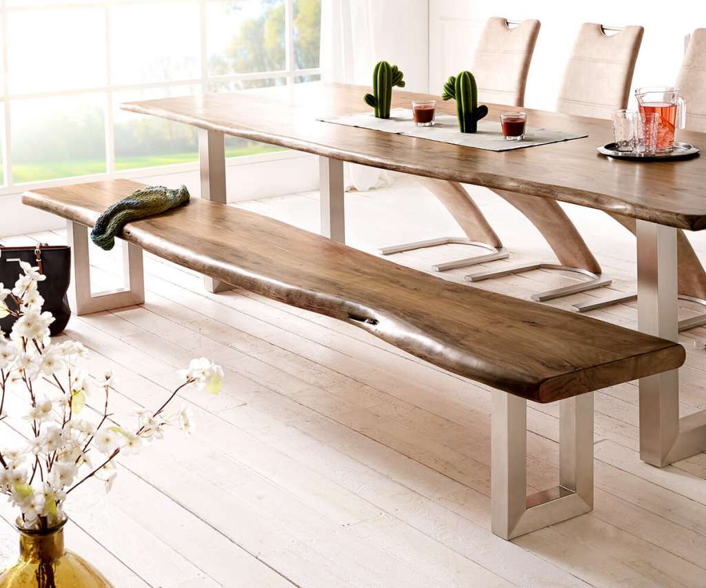 DELIFE Sitzbank Live-Edge 255x40 Akazie Braun Gestell breit Baumkante, Bänke, Baumkantenmöbel, Massivholzmöbel, Massivholz, Baumkante, Wolf Live Edge