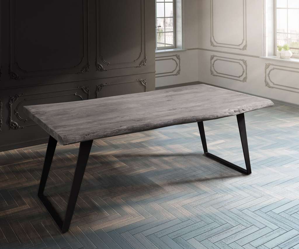 DELIFE Baumtisch Live-Edge 180x90 Akazie Platin Platte 5,5cm Gestell schräg schwarz, Esstische, Baumkantenmöbel, Massivholzmöbel, Massivholz, Baumkante, Wolf Live Edge