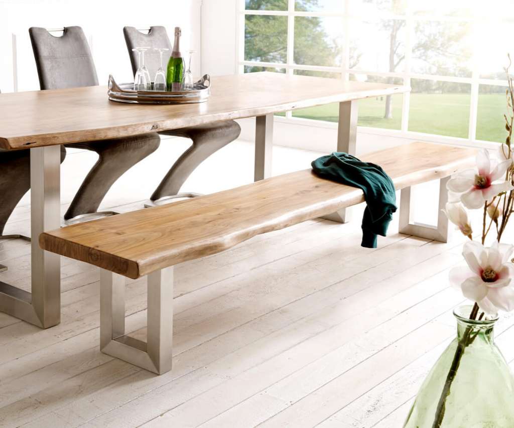 DELIFE Sitzbank Live-Edge 255x40 Akazie Natur Gestell breit Baumkante, Bänke, Baumkantenmöbel, Massivholzmöbel, Massivholz, Baumkante, Wolf Live Edge