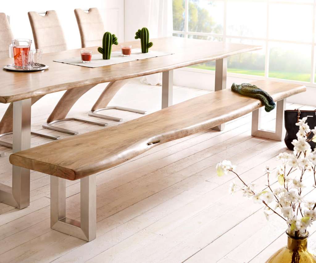 DELIFE Sitzbank Live-Edge 295x40 Akazie Natur Gestell breit Baumkante, Bänke, Baumkantenmöbel, Massivholzmöbel, Massivholz, Baumkante, Wolf Live Edge