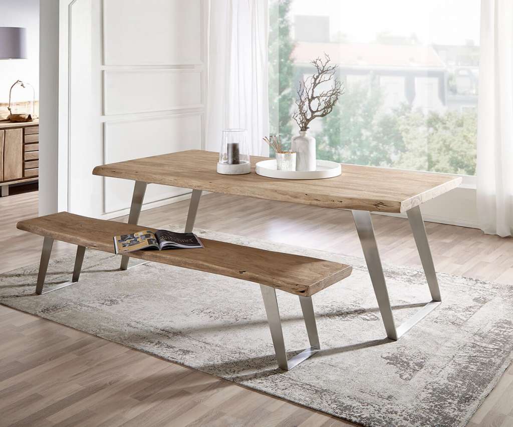 DELIFE Baumtisch Live-Edge 180x90 Akazie Champagner Platte 5,5 cm Gestell schräg, Esstische, Baumkantenmöbel, Massivholzmöbel, Massivholz, Baumkante, Wolf Live Edge