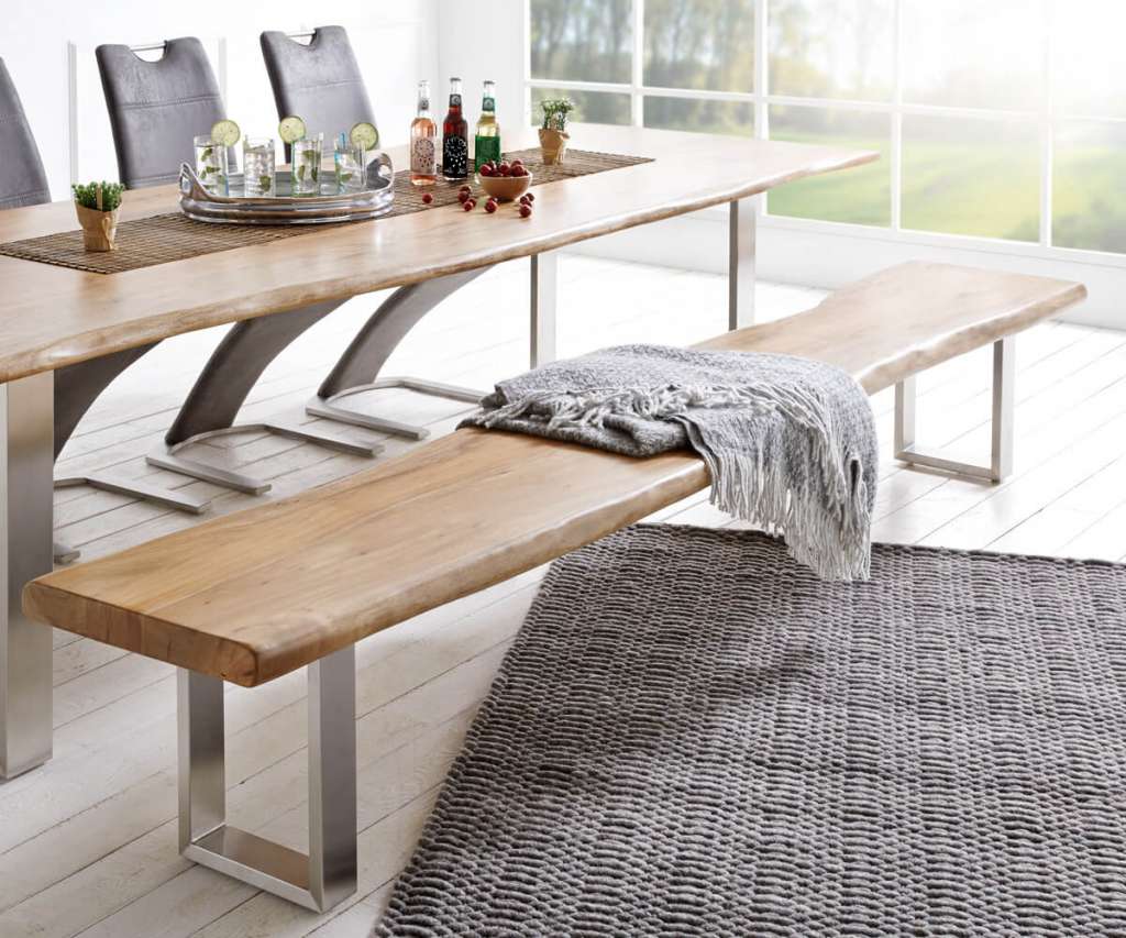 DELIFE Sitzbank Live-Edge 295x40 Akazie Natur Gestell schmal Baumkante, Bänke, Baumkantenmöbel, Massivholzmöbel, Massivholz, Baumkante, Wolf Live Edge