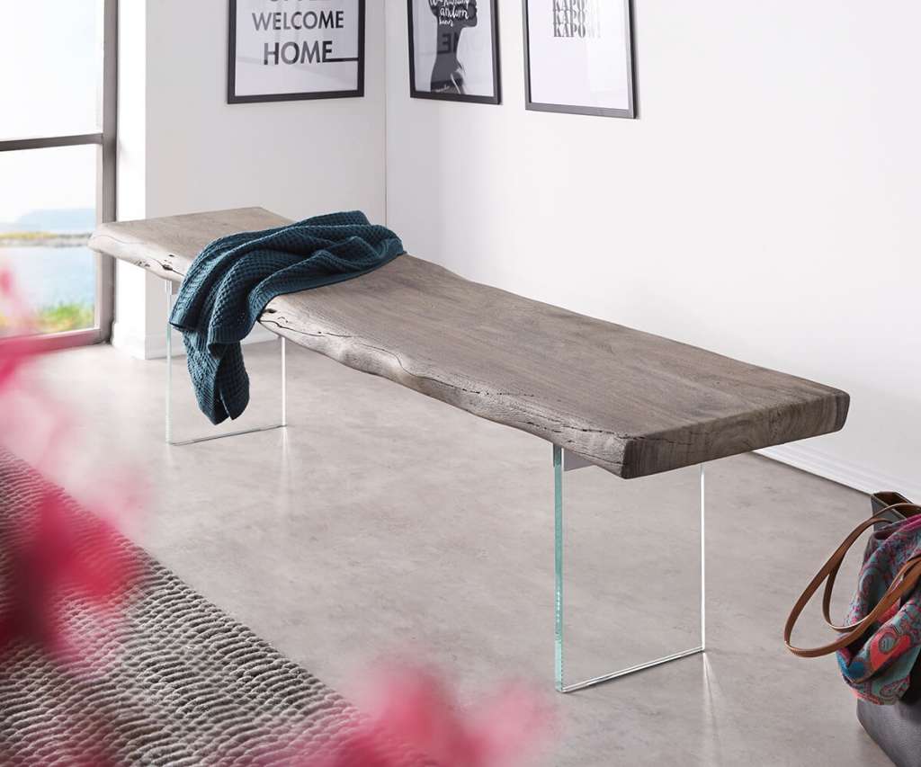 DELIFE Sitzbank Live-Edge 195x40 cm Akazie Platin Glasbeine, Bänke, Baumkantenmöbel, Massivholzmöbel, Massivholz, Baumkante, Wolf Live Edge