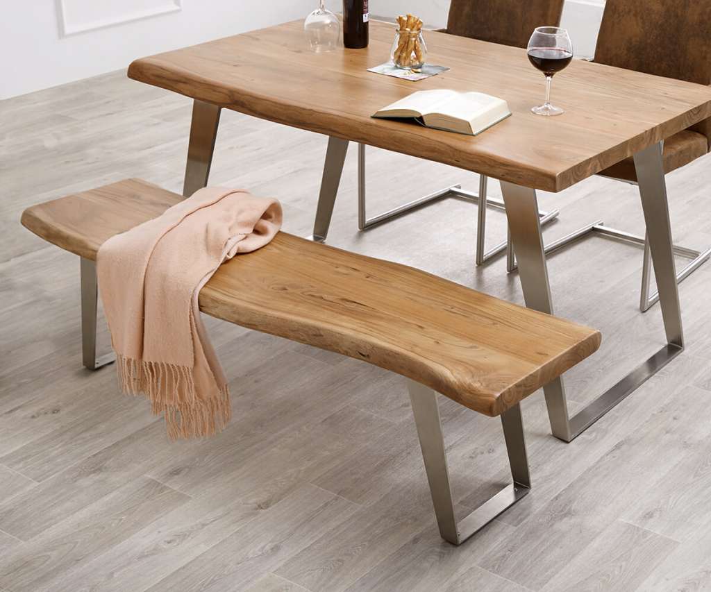 DELIFE Sitzbank Live-Edge 135x40 cm Akazie Natur Gestell schräg Baumkante, Bänke, Baumkantenmöbel, Massivholzmöbel, Massivholz, Baumkante, Wolf Live Edge