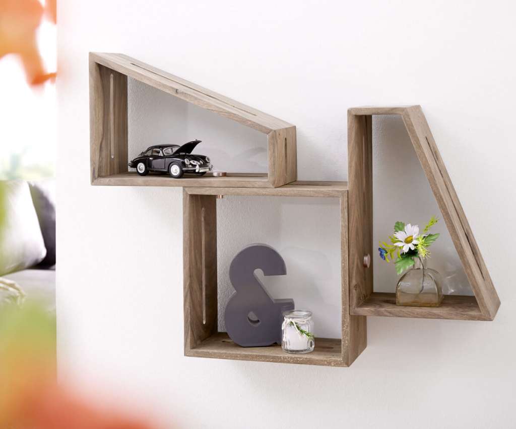 DELIFE Designer-Wandregal Wyatt 70x55 cm Sheesham Natur 3er Set, Wandregale