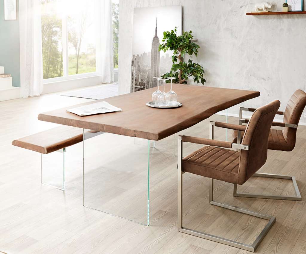 DELIFE Baumtisch Live-Edge 200x100 Akazie Braun Platte 5,5 cm Glasbeine, Esstische, Baumkantenmöbel, Massivholzmöbel, Massivholz, Baumkante, Wolf Live Edge