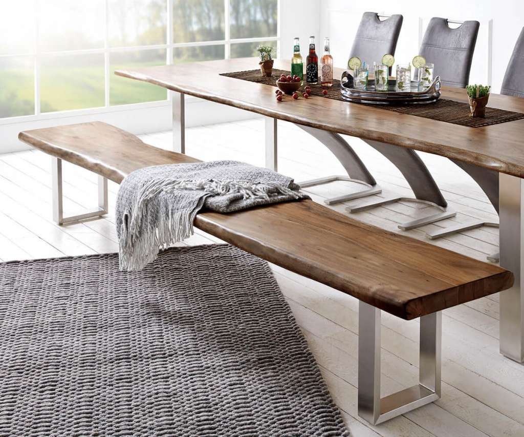 DELIFE Sitzbank Live-Edge 295x40 Akazie Braun Gestell schmal Baumkante, Bänke, Baumkantenmöbel, Massivholzmöbel, Massivholz, Baumkante, Wolf Live Edge