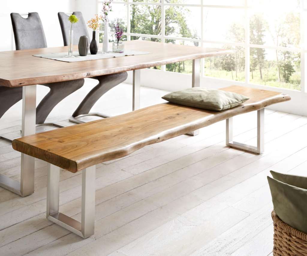 DELIFE Sitzbank Live-Edge 255x40 Akazie Natur Gestell schmal Baumkante, Bänke, Baumkantenmöbel, Massivholzmöbel, Massivholz, Baumkante, Wolf Live Edge