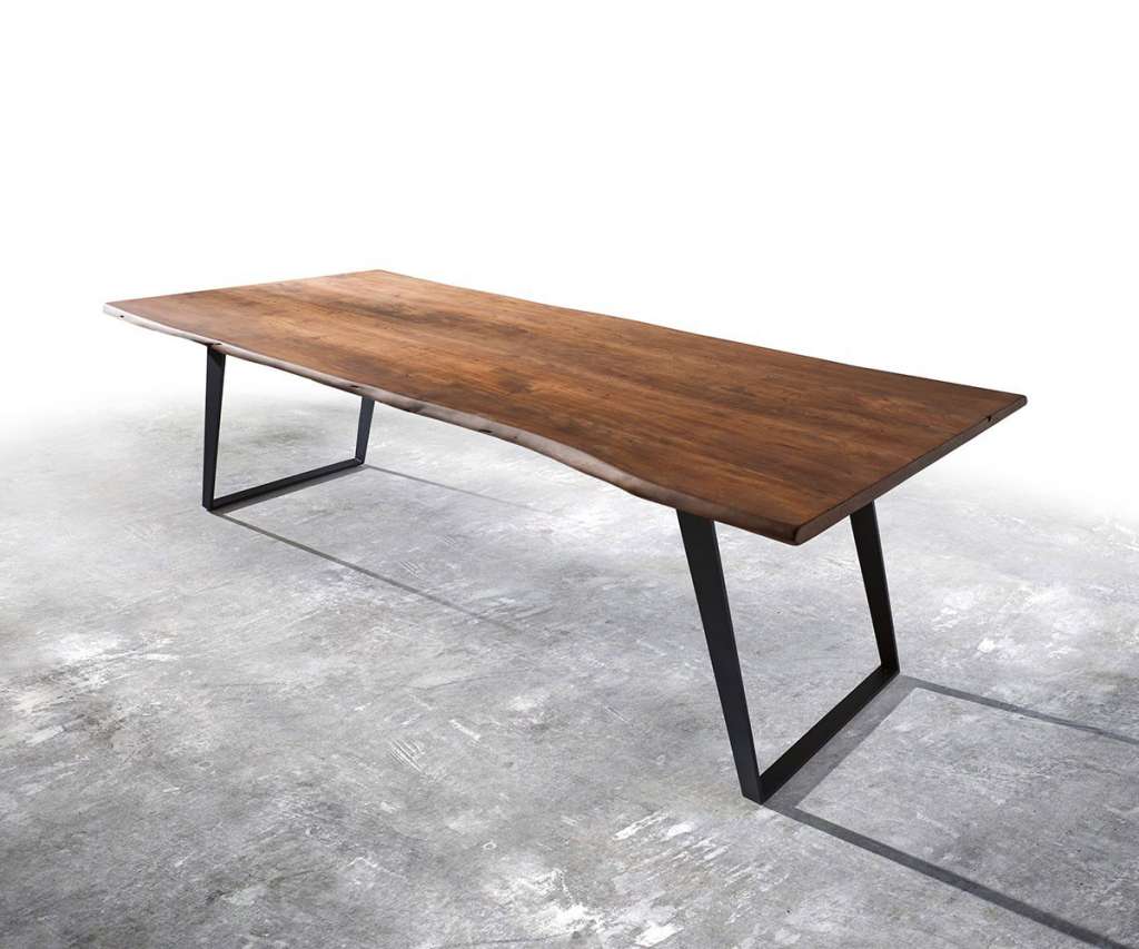 DELIFE Baumtisch Live-Edge 300x100 Akazie Braun Platte 3,5 cm Gestell schräg schwarz, Esstische, Baumkantenmöbel, Massivholzmöbel, Massivholz, Baumkante, Wolf Live Edge
