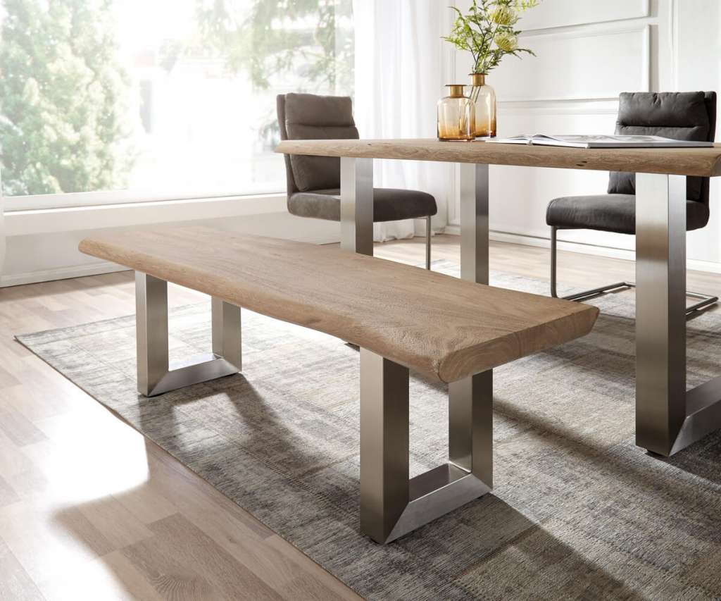 DELIFE Sitzbank Live-Edge 135x40 Akazie Champagner Gestell breit, Bänke, Baumkantenmöbel, Massivholzmöbel, Massivholz, Baumkante, Wolf Live Edge
