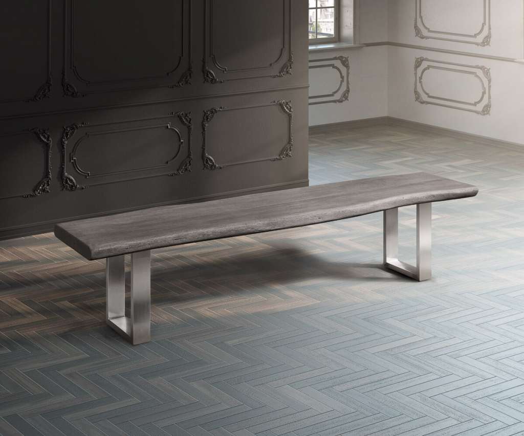 DELIFE Sitzbank Live-Edge 195x40 Akazie Platin Gestell schmal Baumkante, Bänke, Baumkantenmöbel, Massivholzmöbel, Massivholz, Baumkante, Wolf Live Edge