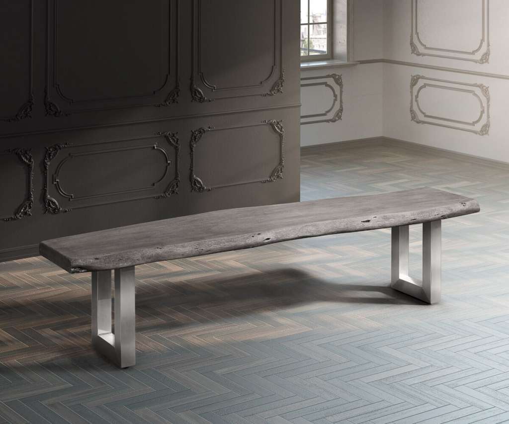 DELIFE Sitzbank Live-Edge 195x40 Akazie Platin Gestell breit Baumkante, Bänke, Baumkantenmöbel, Massivholzmöbel, Massivholz, Baumkante, Wolf Live Edge
