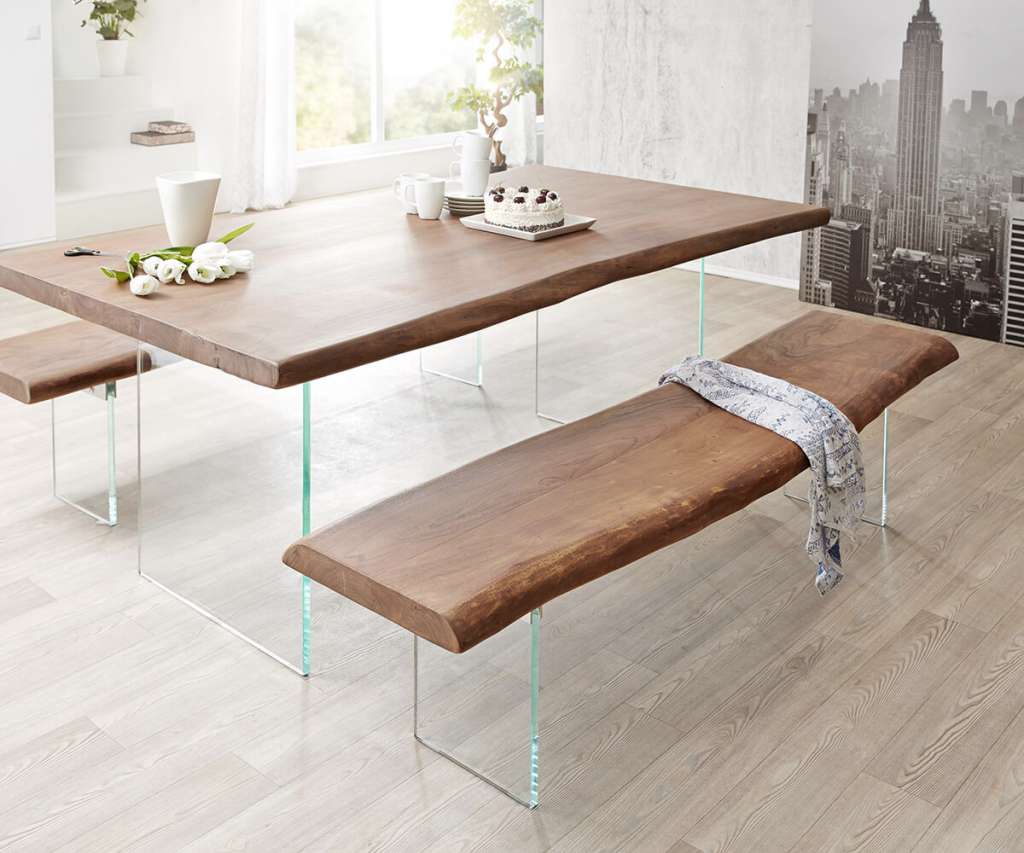 DELIFE Sitzbank Live-Edge 135x40 cm Akazie Braun Glasbeine Baumkante, Bänke, Baumkantenmöbel, Massivholzmöbel, Massivholz, Baumkante, Wolf Live Edge