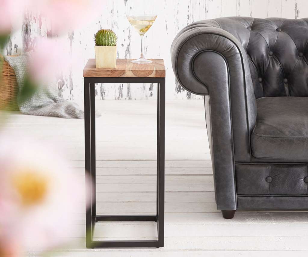 DELIFE Beistelltisch Tatius 28x28 Sheesham Natur Gestell Schwarz, Beistelltische