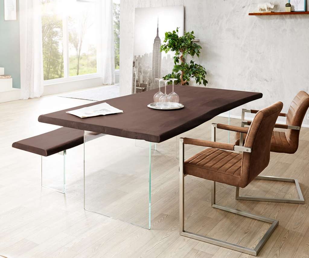DELIFE Baumtisch Live-Edge 200x100 Akazie Coffee Platte 5,5 cm Glasbeine, Esstische, Baumkantenmöbel, Massivholzmöbel, Massivholz, Baumkante, Wolf Live Edge