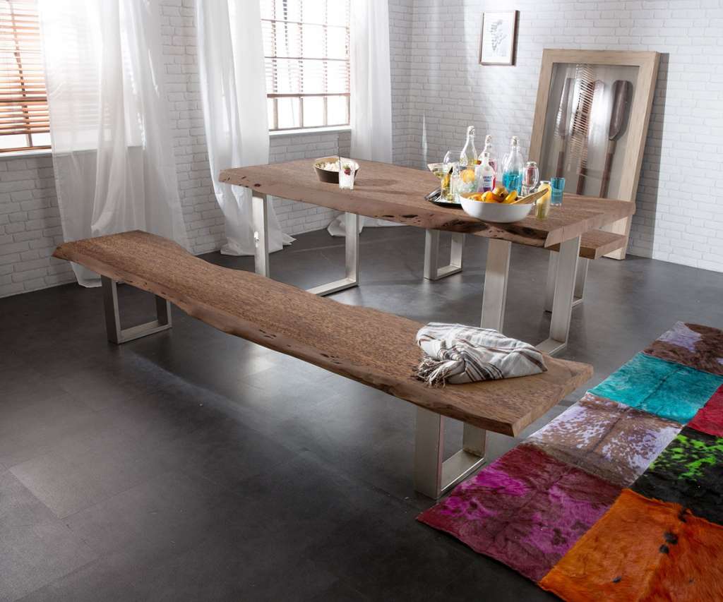DELIFE Sitzbank Live-Edge 195x40 Akazie Braun Gestell schmal, Bänke, Baumkantenmöbel, Massivholzmöbel, Massivholz, Baumkante, Wolf Live Edge