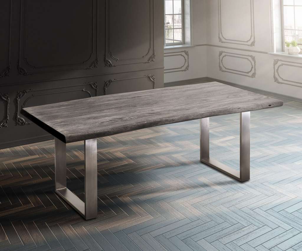 DELIFE Baumtisch Live-Edge 200x100 Akazie Platin Platte 5,5cm Gestell schmal, Esstische, Baumkantenmöbel, Massivholzmöbel, Massivholz, Baumkante, Wolf Live Edge