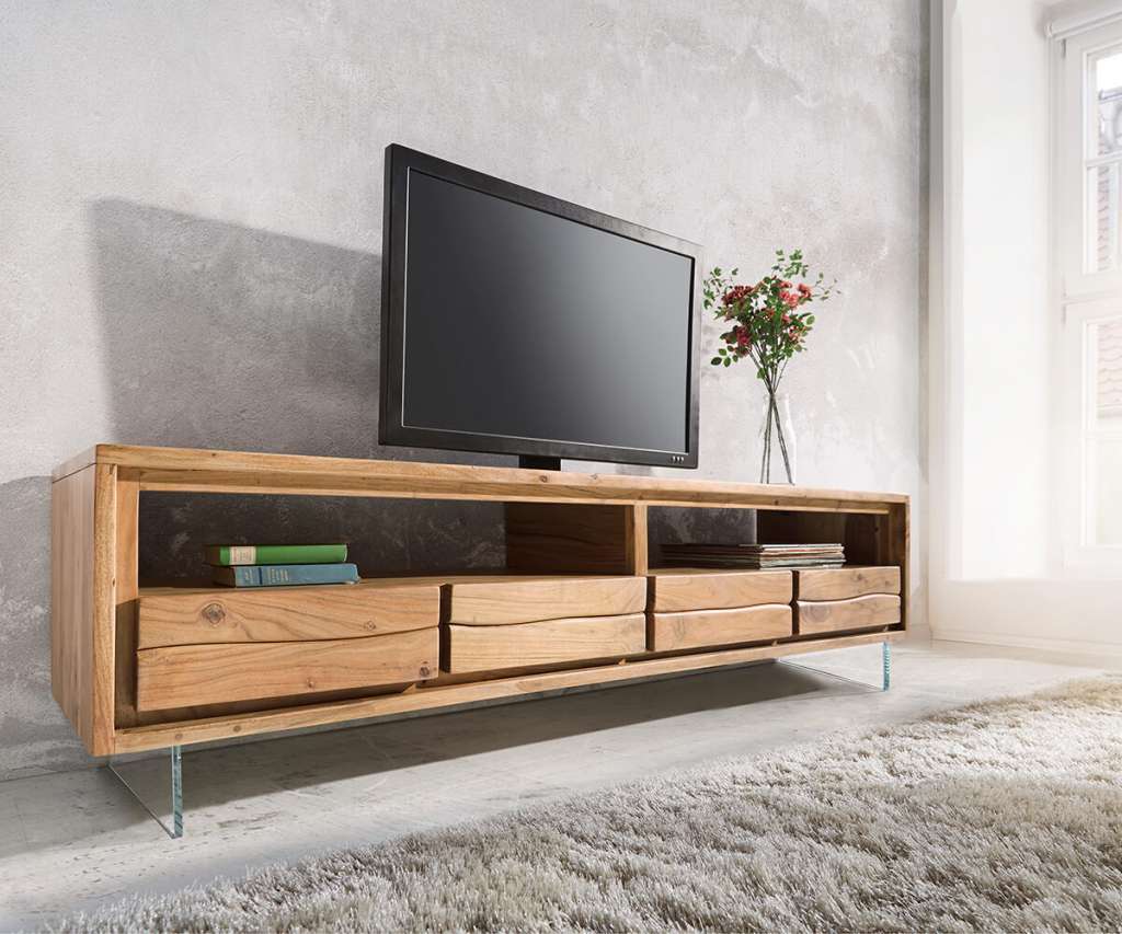 DELIFE Lowboard Live-Edge 190 cm Akazie Natur 4 Schübe Glasbeine, Fernsehtische, Baumkantenmöbel, Massivholzmöbel, Massivholz, Baumkante, Wolf Live Edge