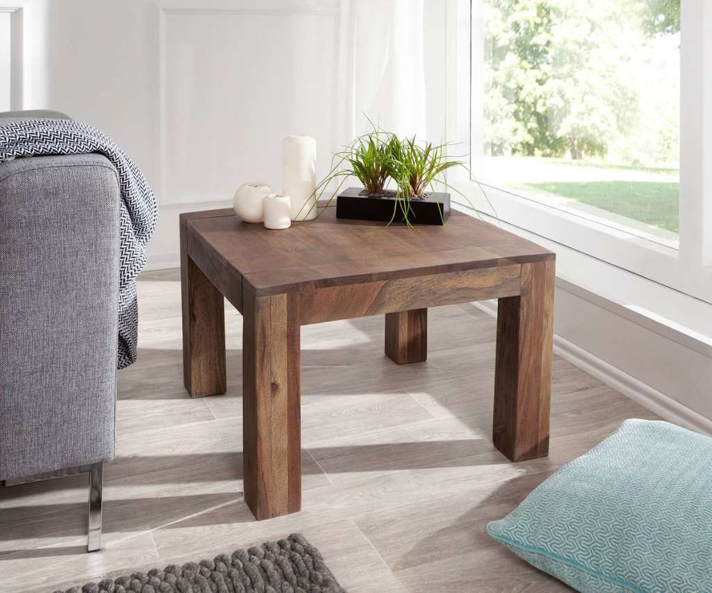 DELIFE Beistelltisch Indra Akazie Braun 60x60 Massivholz quadratisch, Beistelltische