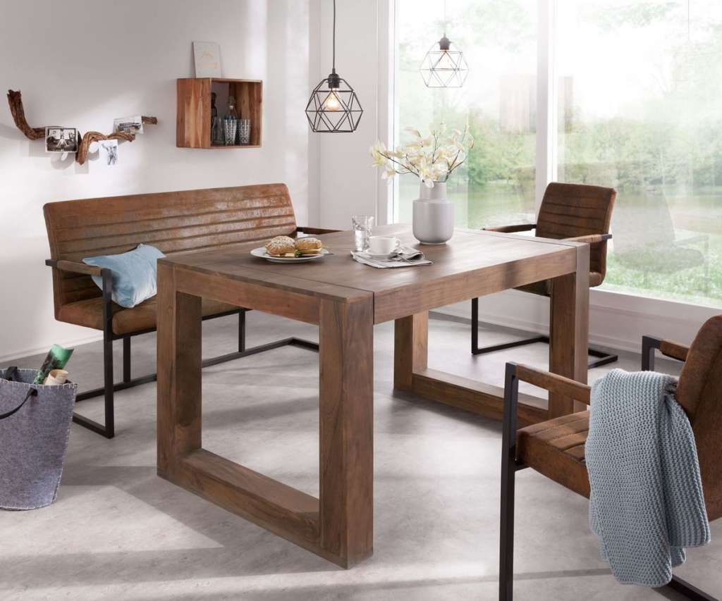 DELIFE Esstisch Indra Akazie Braun 140x90 Kufengestell massiv, Esstische