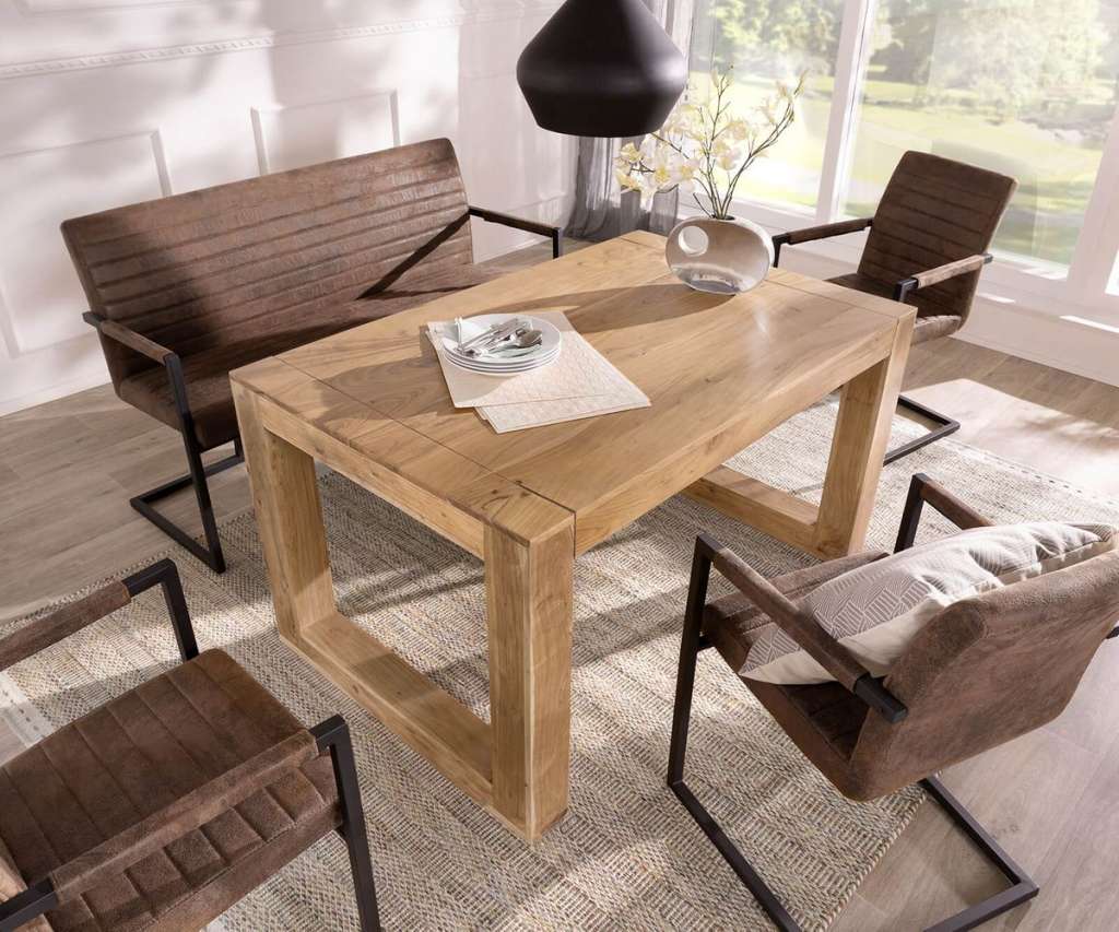 DELIFE Esstisch Indra Akazie Natur 140x90 Kufengestell massiv, Esstische