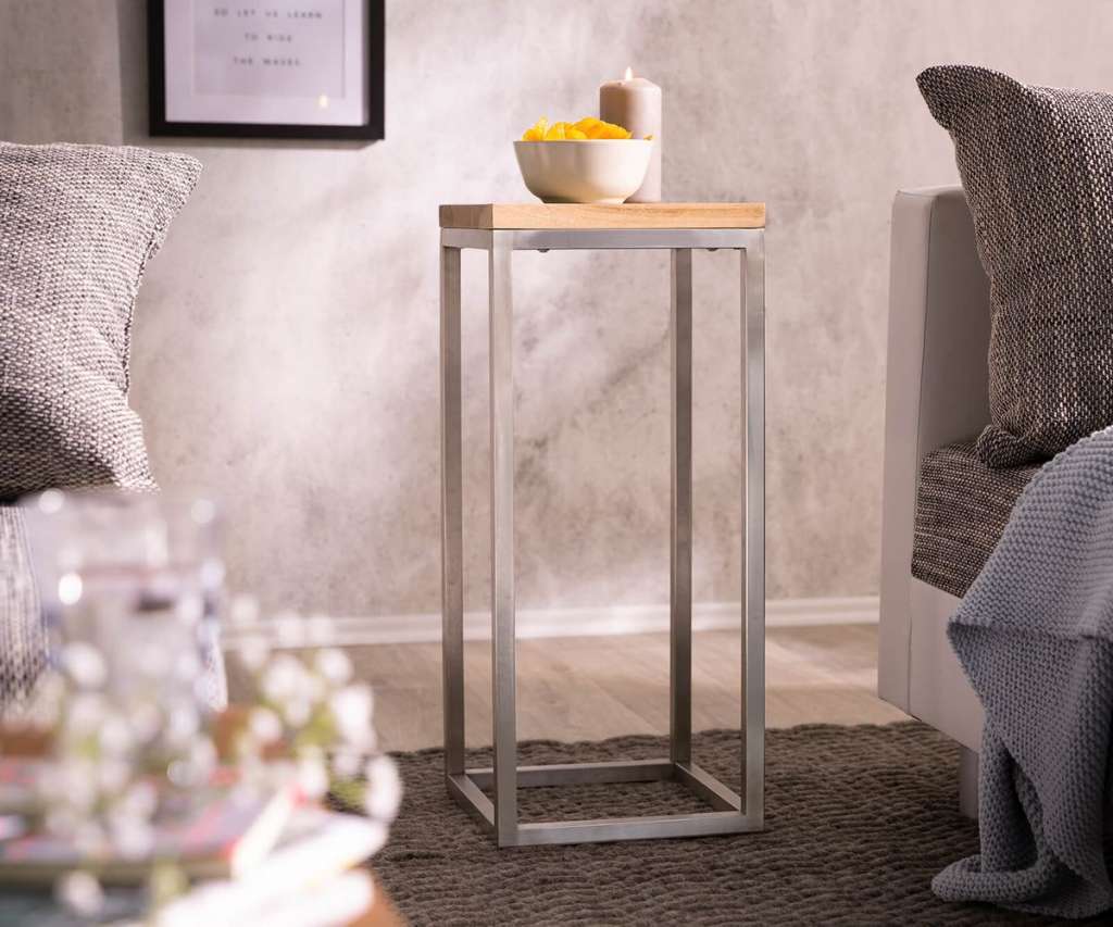 DELIFE Beistelltisch Tatius Akazie Natur 28x28 Gestell Edelstahl, Beistelltische