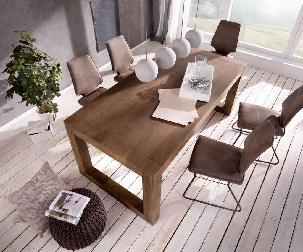 DELIFE Esstisch Indra Akazie Braun 200x100 Kufengestell massiv, Esstische