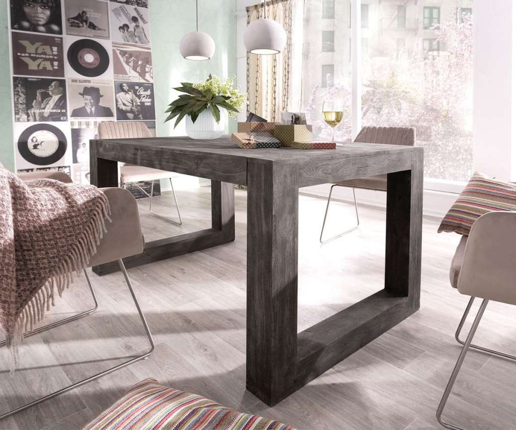 DELIFE Esstisch Indra Akazie Platin 140x90 Kufengestell massiv, Esstische