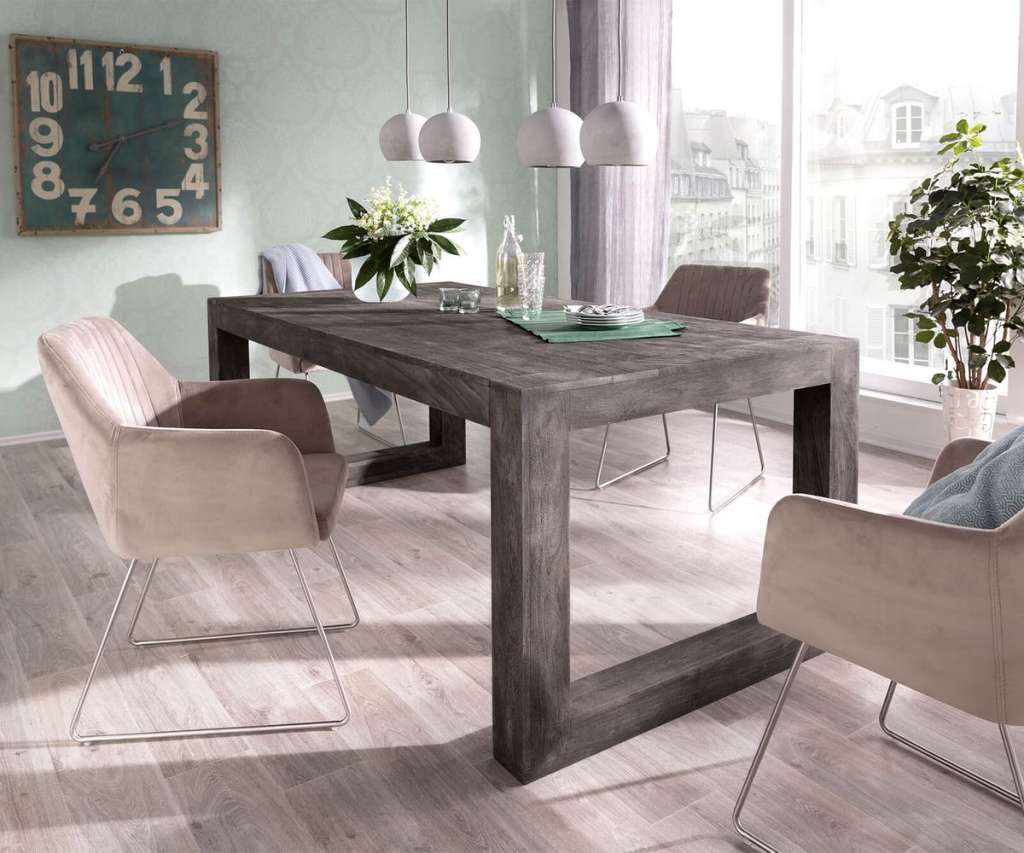 DELIFE Esstisch Indra Akazie Platin 200x100 Kufengestell massiv, Esstische