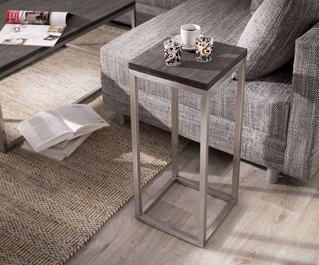 DELIFE Beistelltisch Tatius Akazie Platin 28x28 Gestell Edelstahl, Beistelltische