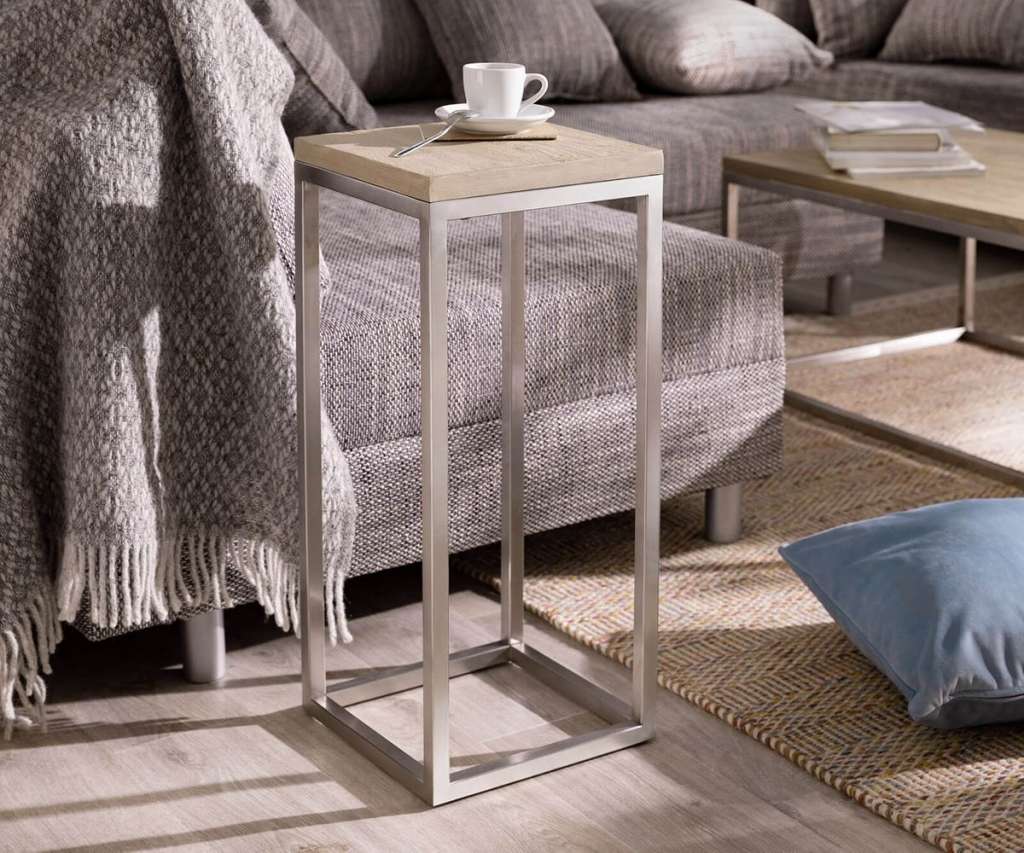 DELIFE Beistelltisch Tatius Akazie Champagner 28x28 Gestell Edelstahl, Beistelltische