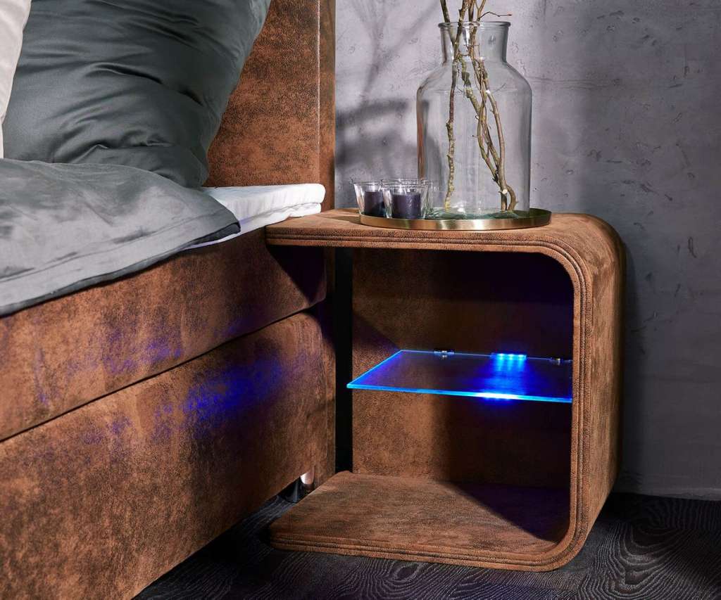 DELIFE Nachttisch Oscar Big 50cm hoch Braun mit LED und Glasablage, Nachttische