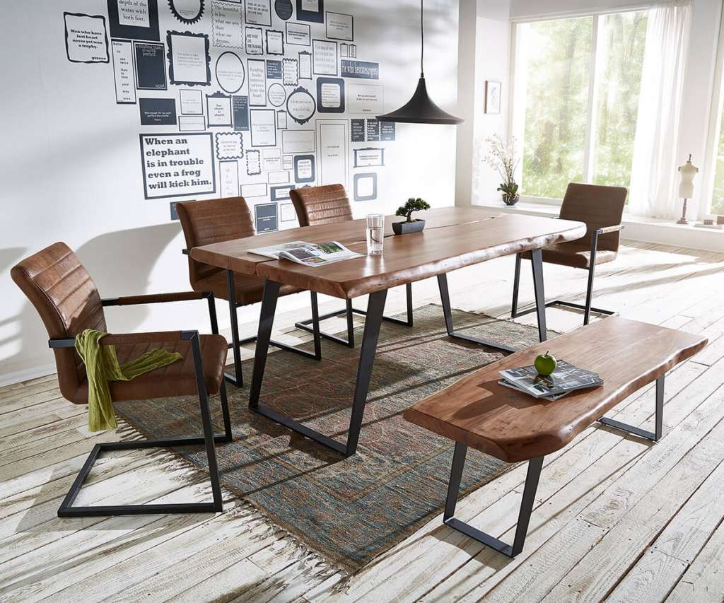 DELIFE Esstischgruppe Live-Edge Akazie 180x100 Braun 4 Stühle + 1 Bank, Esstischgruppen, Baumkantenmöbel, Massivholzmöbel, Massivholz, Baumkante, Wolf Live Edge
