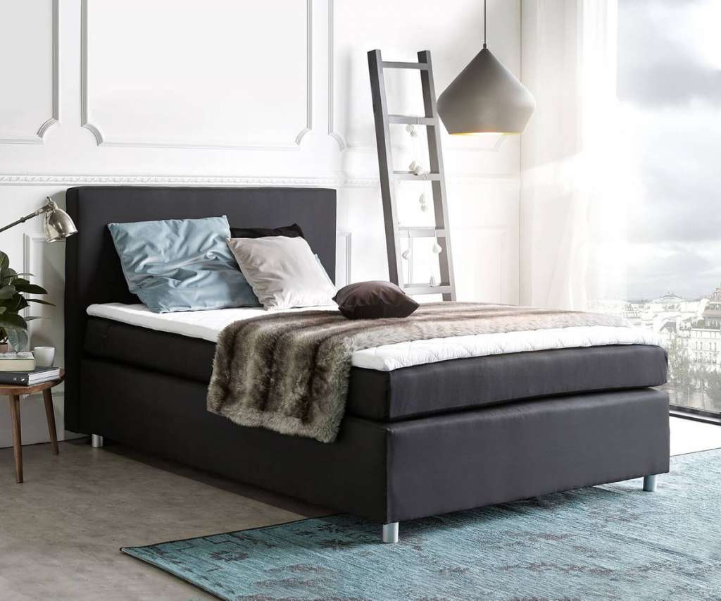 DELIFE Boxspringbett Paradizo 140x200 cm Schwarz Topper und Matratze Flachgewebe, Boxspringbetten