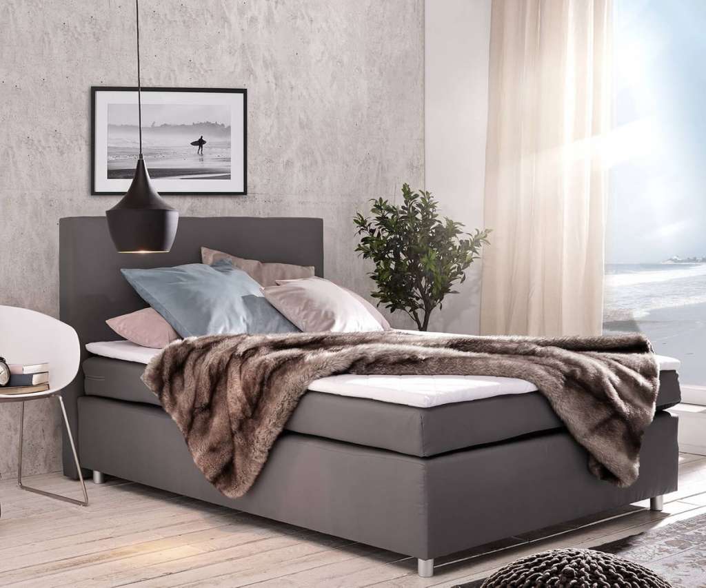 DELIFE Boxspringbett Paradizo 140x200 cm Grau Topper und Matratze Flachgewebe, Boxspringbetten