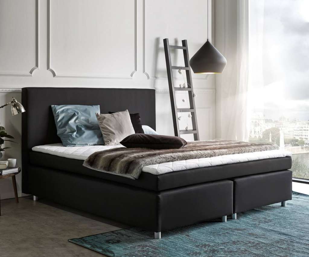 DELIFE Boxspringbett Paradizo 180x200 cm Schwarz Topper und Matratze Flachgewebe, Boxspringbetten