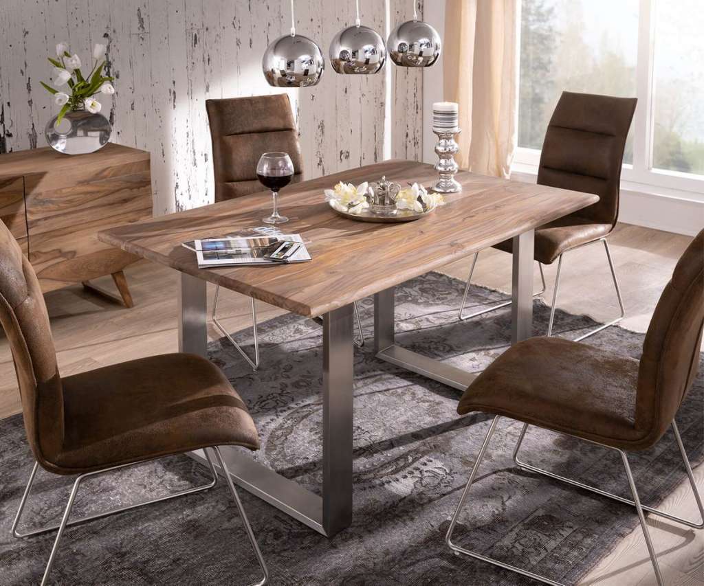DELIFE Esstisch Curved-Edge 140x90 Sheesham Natur Gestell Schmal, Esstische